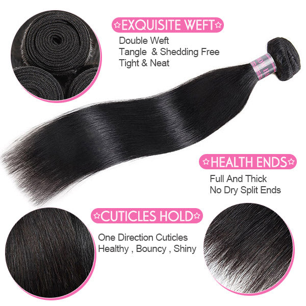 Virgin Straight Human Hair Bundles With Lace Frontal Unprocessed Malaysian Hair Extensions