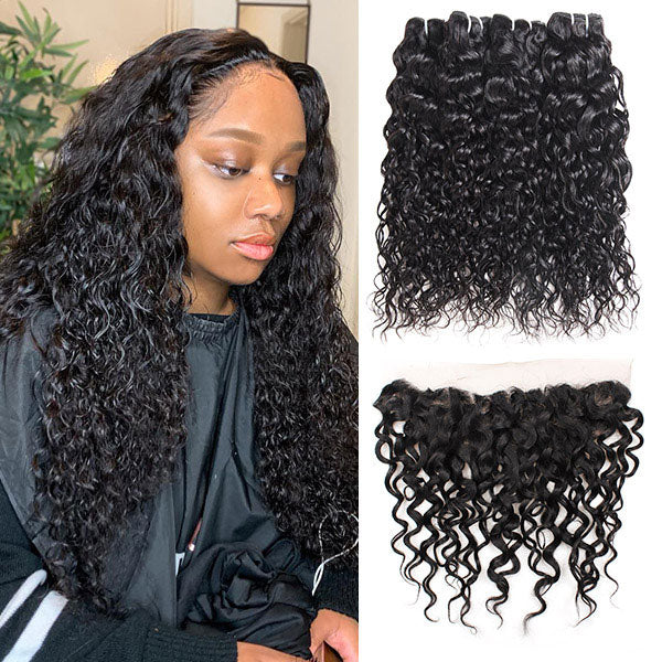 Ishow Virgin Peruvian Hair Water Wave 4 Bundles With 13x4 Lace Frontal
