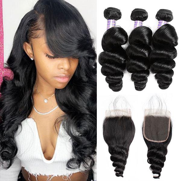 Allove 8A Brazilian Loose Wave Human Hair 3 Bundles With 4*4 Lace Closure