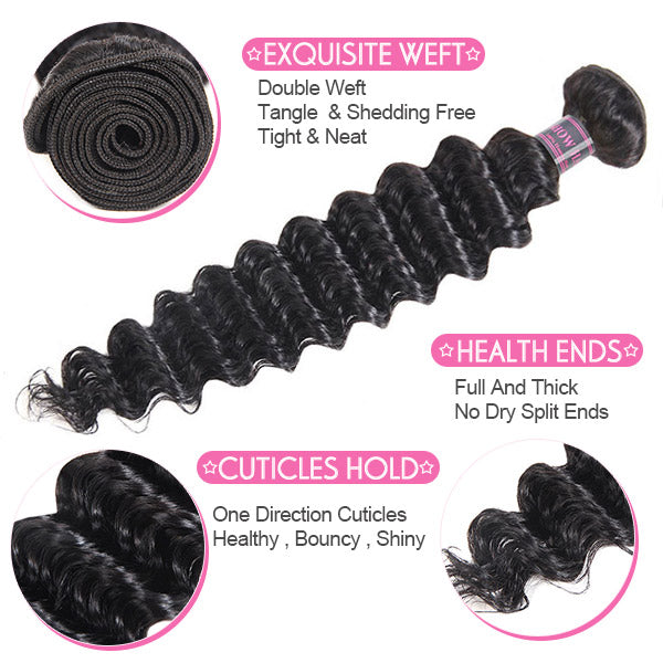 Ishow Malaysian Deep Wave 3 Bundles With 13*4 Lace Frontal Virgin Human Hair Extensions
