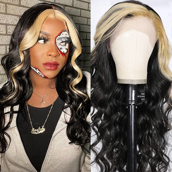 Skunk Stripe Highlight Black and Blonde Wigs 13x4 Lace Front Body Wave Human Hair Wig 30 Inch