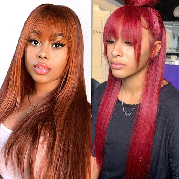  2 Pieces Wigs Full Machine Made Wigs, 99j# Human Hair Wigs, Ginger Color No Lace Wigs With Bangs 