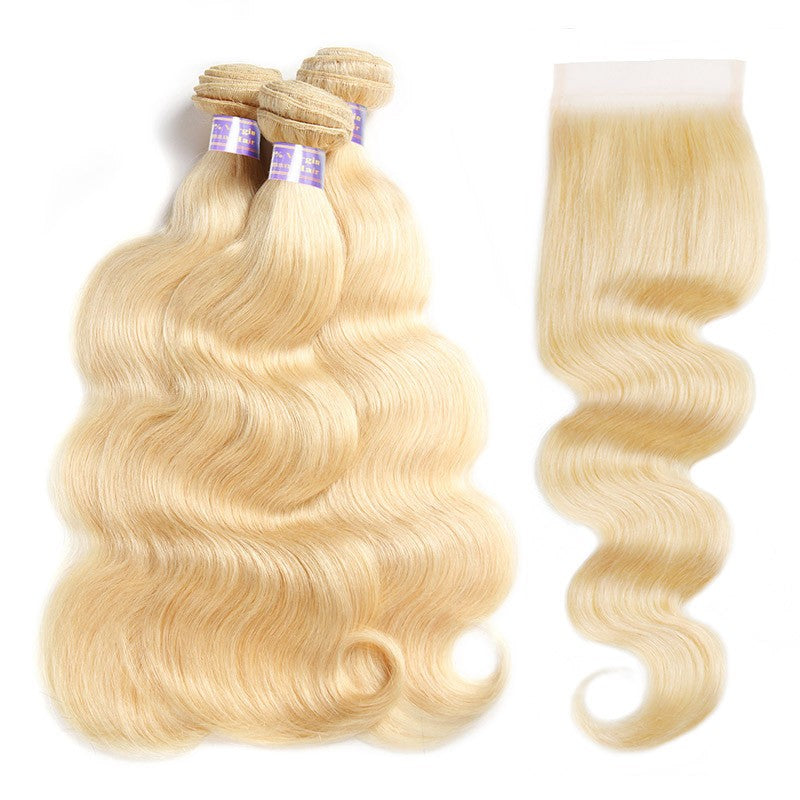 3 Bundles 613 Blonde Body Wave Human Hair With 4x4 Lace Closure