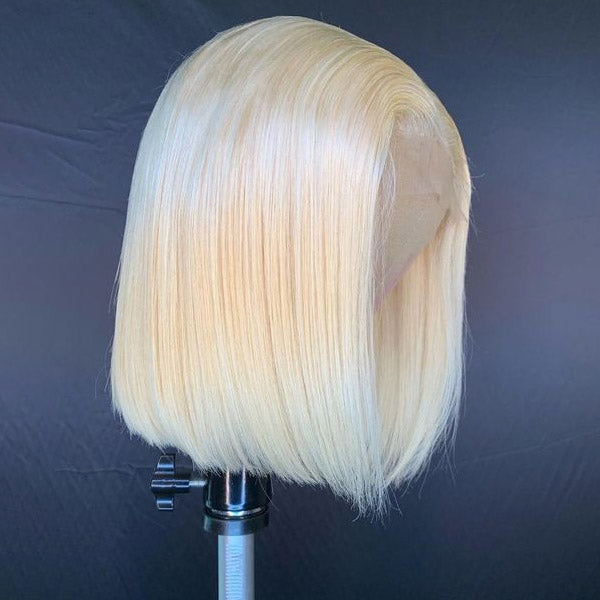 Hairsmarket Short Bob Lace Wig, 613# Blonde Straight Human Hair Wigs With Bang
