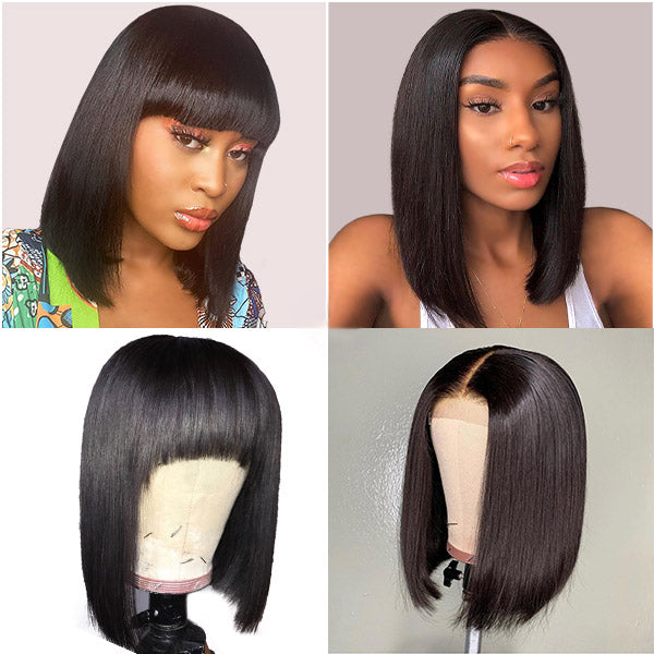  Short BOB Lace Front Wigs, 2 Pieces 100% Human Hair Wigs, No Lace Wigs With Bang 