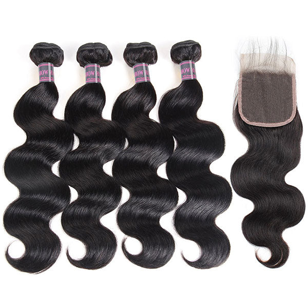 Ishow 4 Bundles Body Wave Hair With Lace Closure Unprocessed Peruvian Hair Extensions