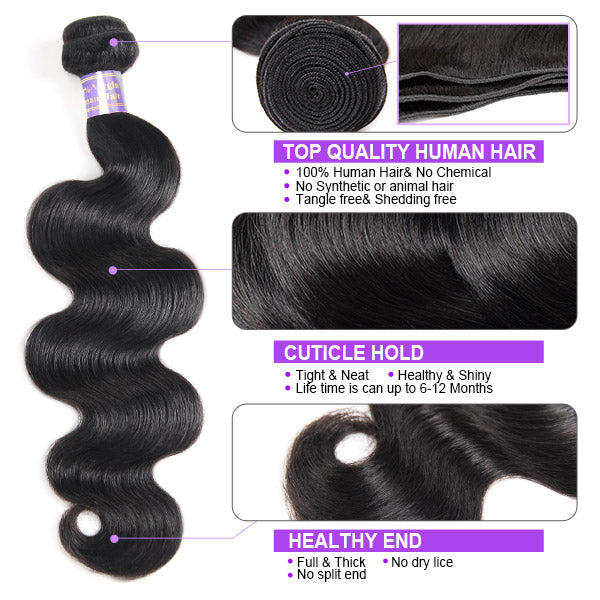 9A Virgin Brazilian Body Wave Human Hair 3 Bundles With 4x4 Lace Closure