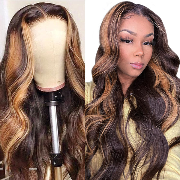 Honey Blonde Highlight Wigs Body Wave 100% Virgin Human Hair 13*4 HD Lace Frontal Wigs