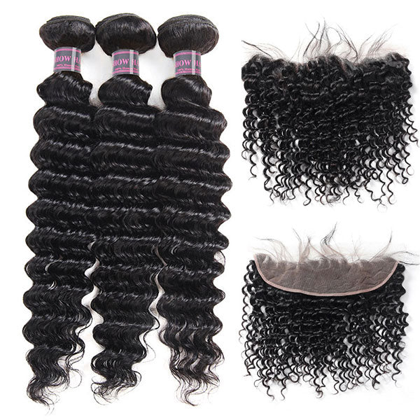 8A Peruvian Deep Wave Human Hair 3 Bundles With 13*4 Ear To Ear Lace Frontal Ishow Hair
