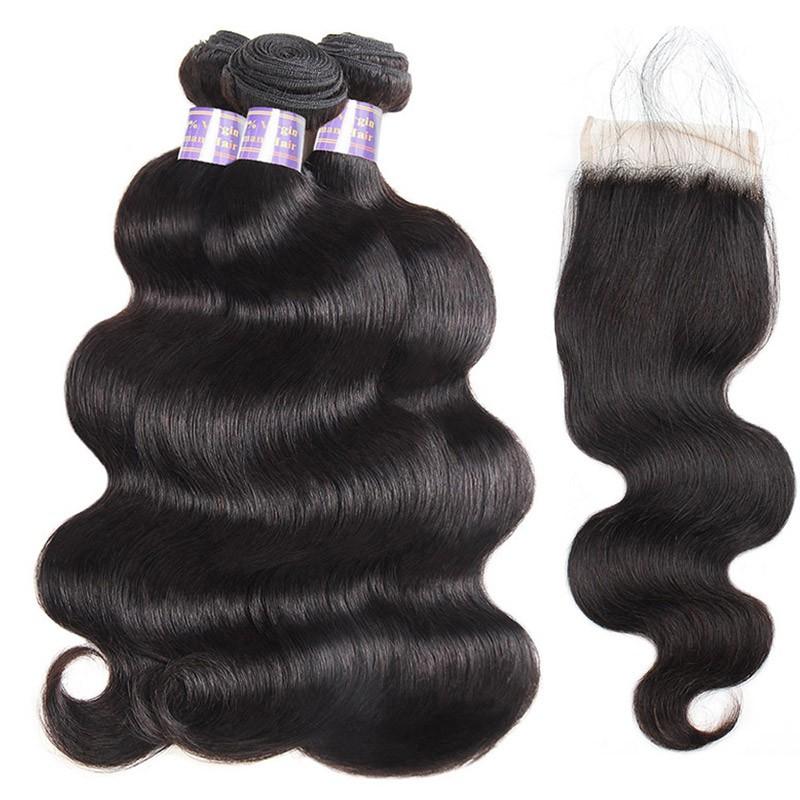 Allove 8A Brazilian Body Wave Hair Weave 3 Bundles With Lace Closure