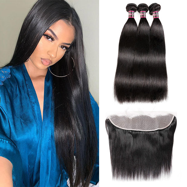 Hairsmarket Brazilian Straigth Hair With Transparent Lace Frontal 3 Bundles Human Hair With Frontal