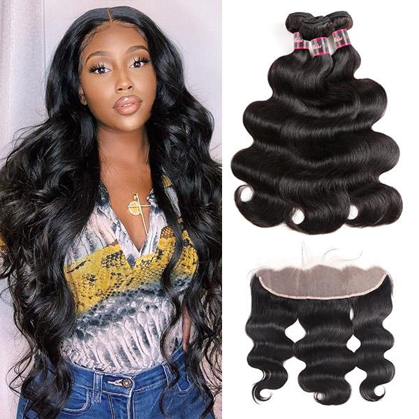 Transparent Lace Frontal With 3 Bundles Brazilian Body Wave Hair