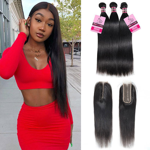 8A Quality Straight Human Hair 3 Bundles With 2*6 Lace Closure