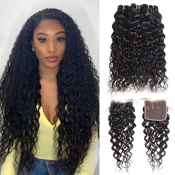 8A Brazilian Water Wave Hair 3 Bundles with 4x4 Lace Closure