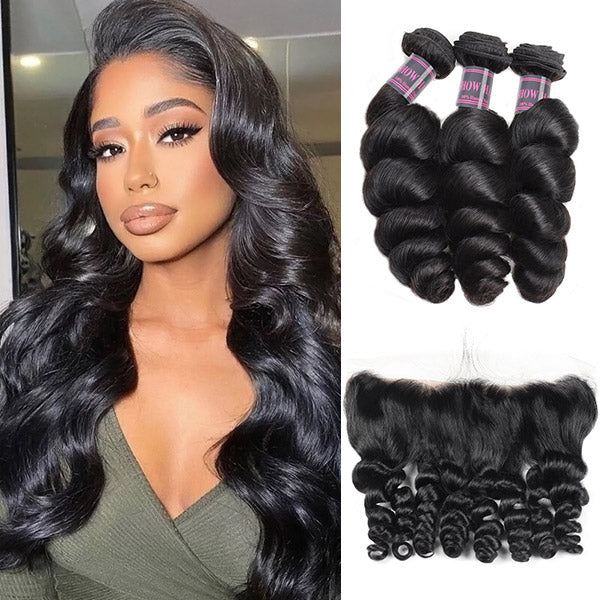 8A Peruvian Human Hair Loose Wave 3 Bundles With 13*4 Lace Frontal Unprocessed Virgin Hair
