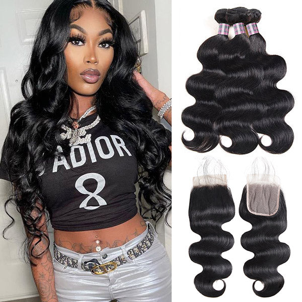 Malaysian Body Wave Hair 3 Bundles With 4*4 Lace Closure Human Hair Extensions