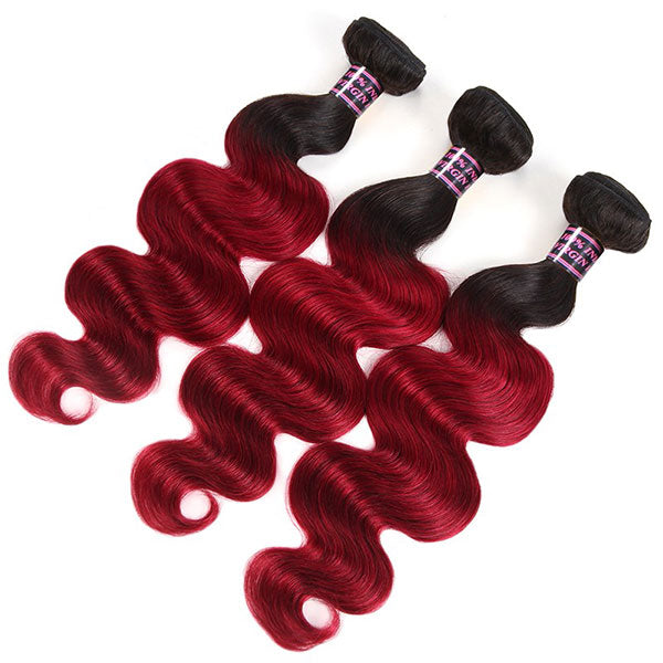 Ombre Body Wave Human Hair Bundles With Lace Closure T1B/Burgundy