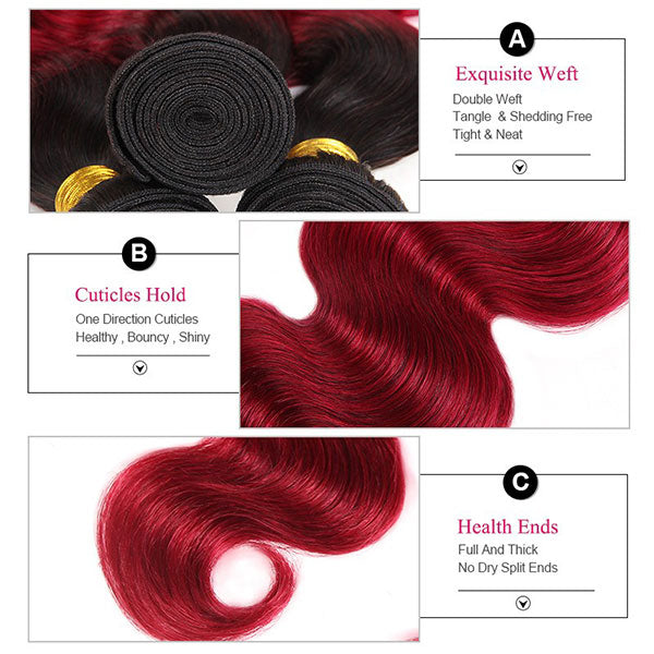 Ombre Body Wave Human Hair Bundles With Lace Closure T1B/Burgundy