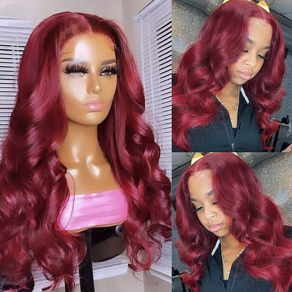 99J Body Wave Wig 4x4 Lace Front Wig Burgundy HD Human Hair Wig