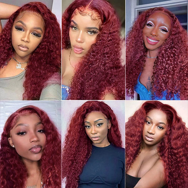 30 Inch 99J Deep Wave Lace Front Wig 13x4 HD Lace Frontal Wig Burgundy Human Hair Wigs