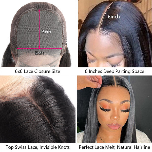6x6 Straight Hair Lace Front Wig HD Human Hair Glueless Lace Closure Wigs