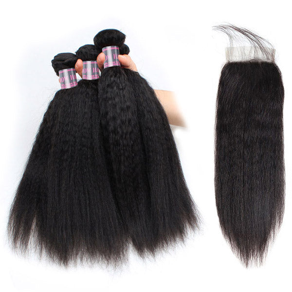 Ishow Peruvian Kinky Straight Human Hair 4 Bundles With 4x4 Lace Closure Virgin Hair Weaving