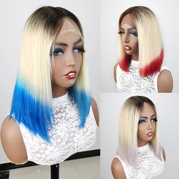 613 Blonde Hair Wigs 150% Density Short Bob Lace Wigs Ombre Colored Lace Wigs (Pink Purple Blue)