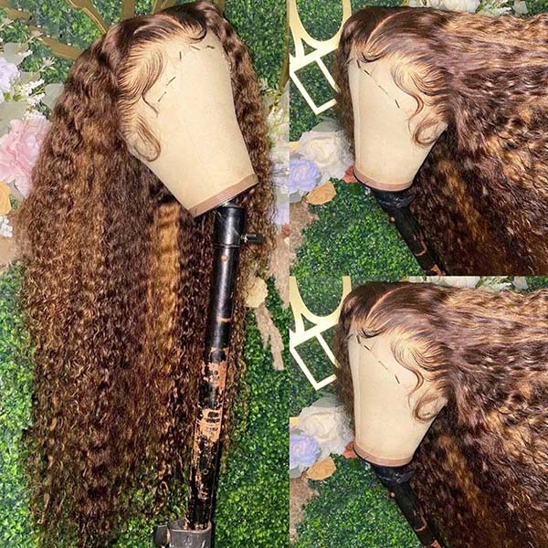 Honey Blonde Highlights Wig Curly Hair 4x4 Lace Closure Wigs 180% Density HD Transparent Lace Wig