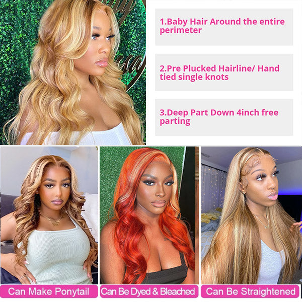 P4/613 Body Wave Wig Brown With Blonde Highlight 13x4 HD Lace Front Wigs