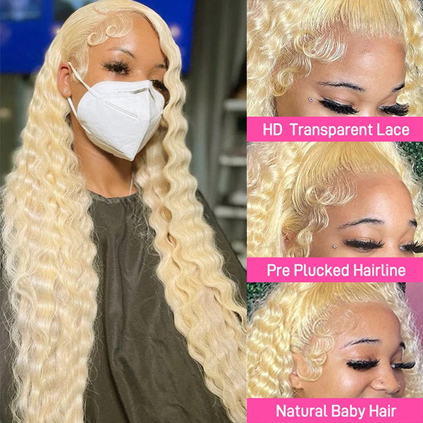 613 Honey Blonde Lace Front Human Hair Wigs 13*4 Loose Deep Wave Lace Front Wig 150% Density
