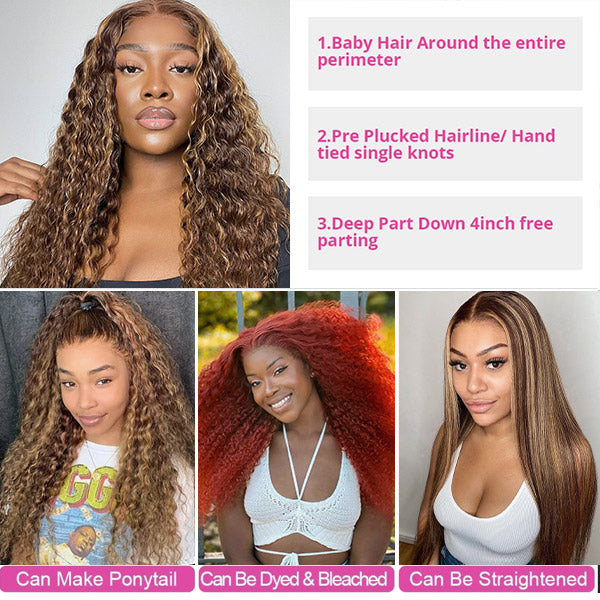 30Inch Highlight Wigs Deep Wave 13x4 HD Lace Front Wigs Ombre Honey Blonde Human Hair Wigs
