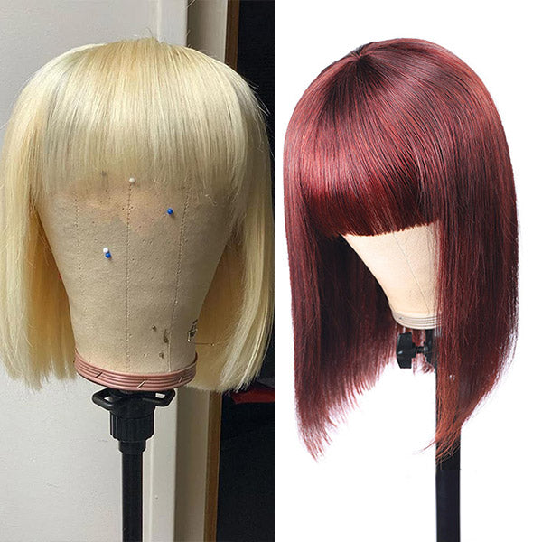  2 Pieces Wigs Short Bob Human Hair Wigs, 99J# No Lace Wigs And 613# Blonde Machine Made Wigs 