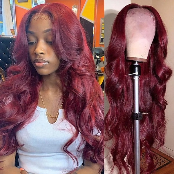 99J Body Wave Wig 4x4 Lace Front Wig Burgundy HD Human Hair Wig