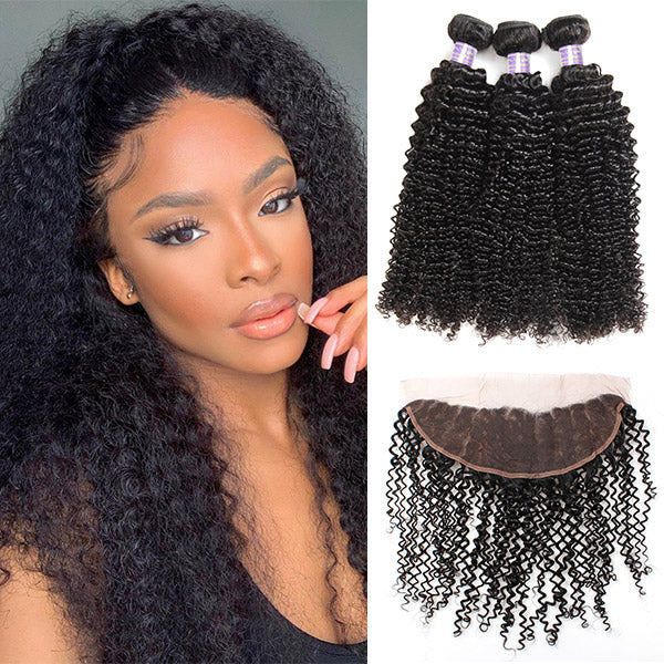 10A Kinky Curly Hair 13*4 HD Lace Frontal With 3 Bundles Human Hair
