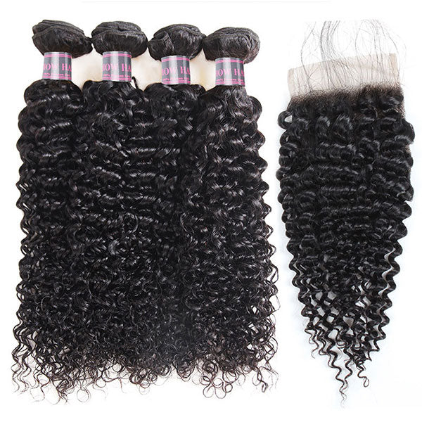 Ishow Peruvian Human Hair Curly Wave 4 Bundles With 4x4 Lace Closure