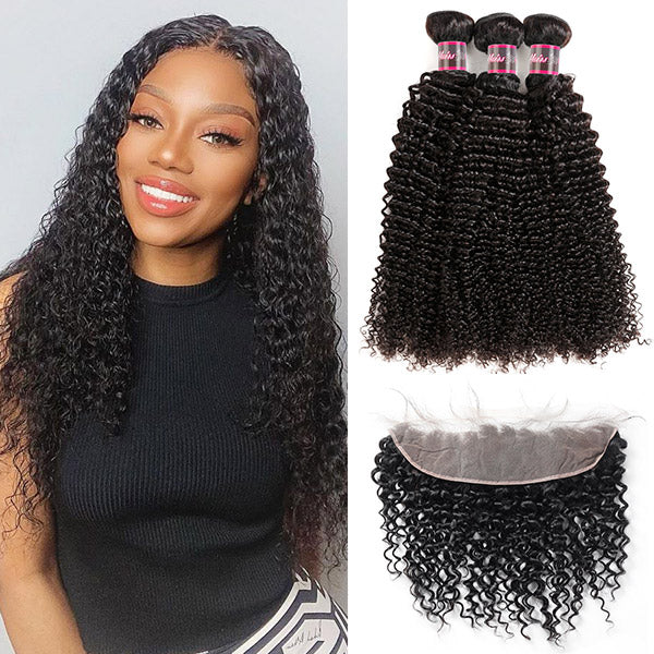 Curly Bundles with Frontal Brazilian Hair 3 Bundles with 13x4 HD Lace Front Closure