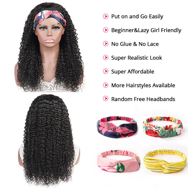 Curly Human Hair Headband Wigs Non Lace Front Wigs Kinky Curly Brazilian Hair Half Wigs with Headbands