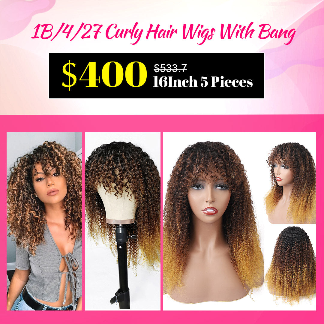 Afro Kinky Curly Hair Wigs With Bangs Ombre Color Glueless Human Hair Wigs