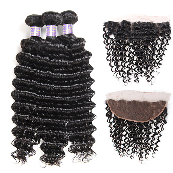 Allove 9A 3 Bundles Deep Wave Human Hair With Lace Frontal Closure Unprocessed Brazilian Hair