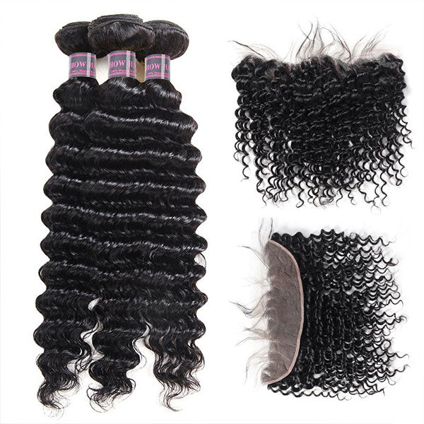 Ishow Malaysian Virgin Deep Wave Human Hair 4 Bundles With 13x4 Lace Frontal With Baby Hair