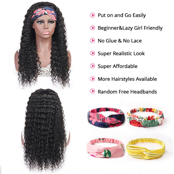 Deep Wave Headband Wig Glueless Wigs 100% Virgin Human Hair Wigs