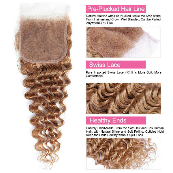 #27 Bundles With Closure Virgin Human Hair Deep Wave 3 Bundles With 4x4 Closure