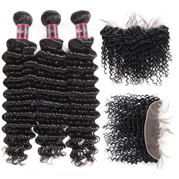 Hairsmarket Deep Wave Virgin Brazilian Hair 3 Bundles With Lace Frontal 13x4 Ear To Ear Closure