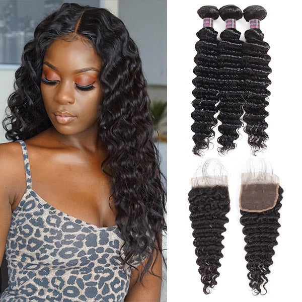 Hairsmarket 8A Brazilian Deep Wave Hair 3 Bundles With 4*4 Lace Closure