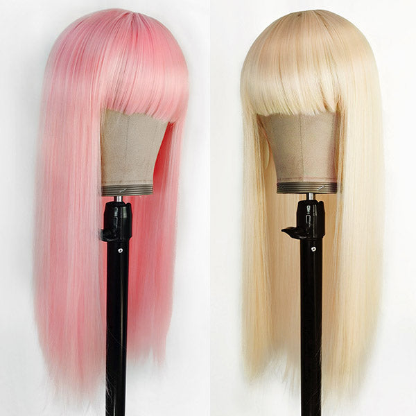 Long Synthetic Wigs With Bangs Halloween Pink Hair Wigs, Blonde Hair Wigs