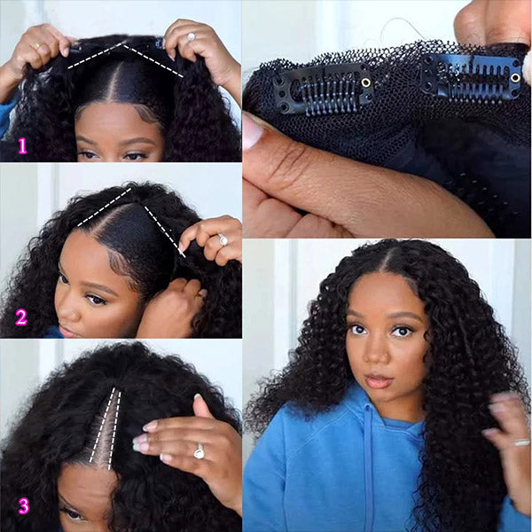 V Part Human Hair Wigs Curly Wigs Human Hair Thin Part Wig No Leave out