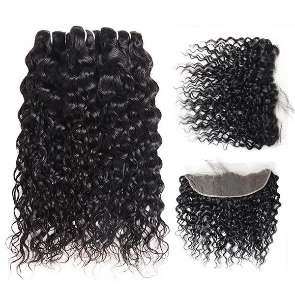 Ishow Non Remy Peruvian Water Wave Human Hair 3 Bundles With 13*4 Lace Frontal Virgin Hair