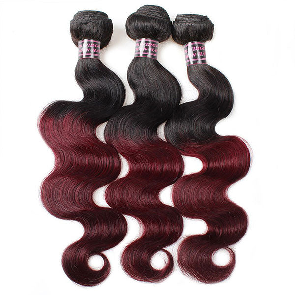 Ombre 99J Body Wave Human Hair 3 Bundles With 4x4 Lace Closure