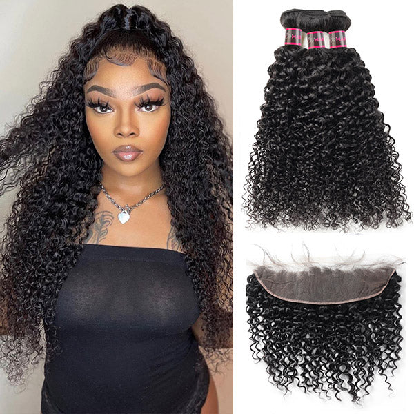 Hairsmarket Brazilian Curly Virgin Hair Weave 3 Bundles With 13x4 Lace Frontal Closure