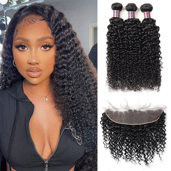 8A Peruvian Human Hair Curly Wave 3 Bundles With 13x4 Lace Frontal Ishow Human Hair Extensions